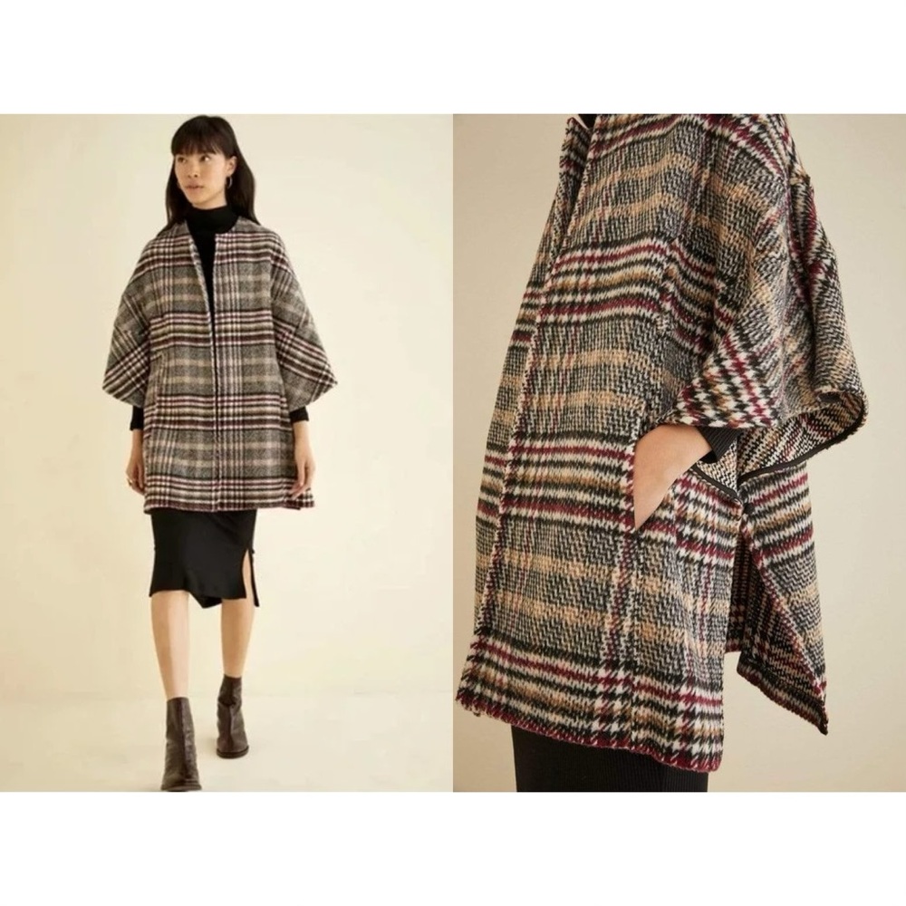 EVA FRANCO x AMOUR VERT Elaine Cape Tan & Red Plaid Jacket Coat Size XS/S | New!
